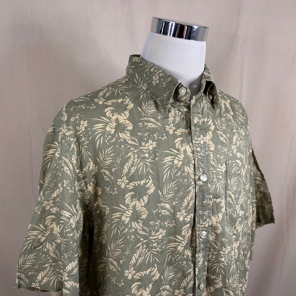 Orvis XL Hawaiian Shirt Green Yellow Floral 100% Linen Short Sleeve Casual Mens